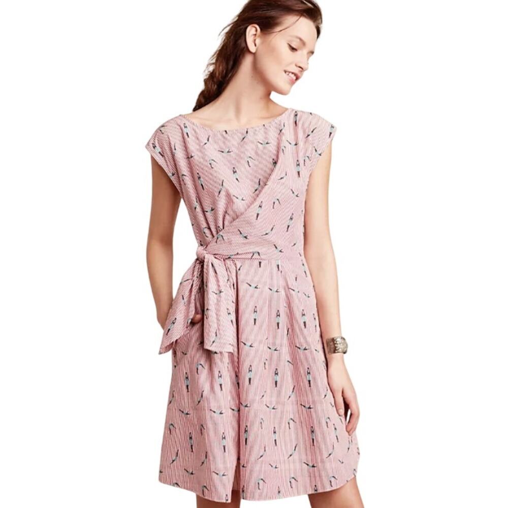 Mauve Anthropologie Bathing Beauty Dress‎ 4 Red Cotton Swimmers Divers Tie Waist
